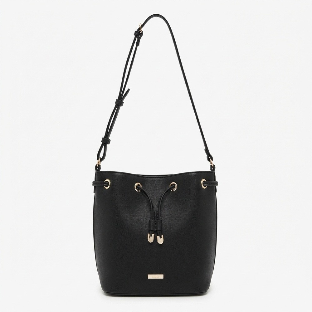 Chaps Bucket Bag Black Drawstring Crossbody Faux Leather Purse